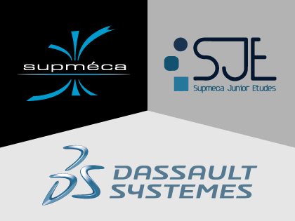 3 logos rassemblant Supméca, Supméca Junior Etudes et Dassult Systèmes
