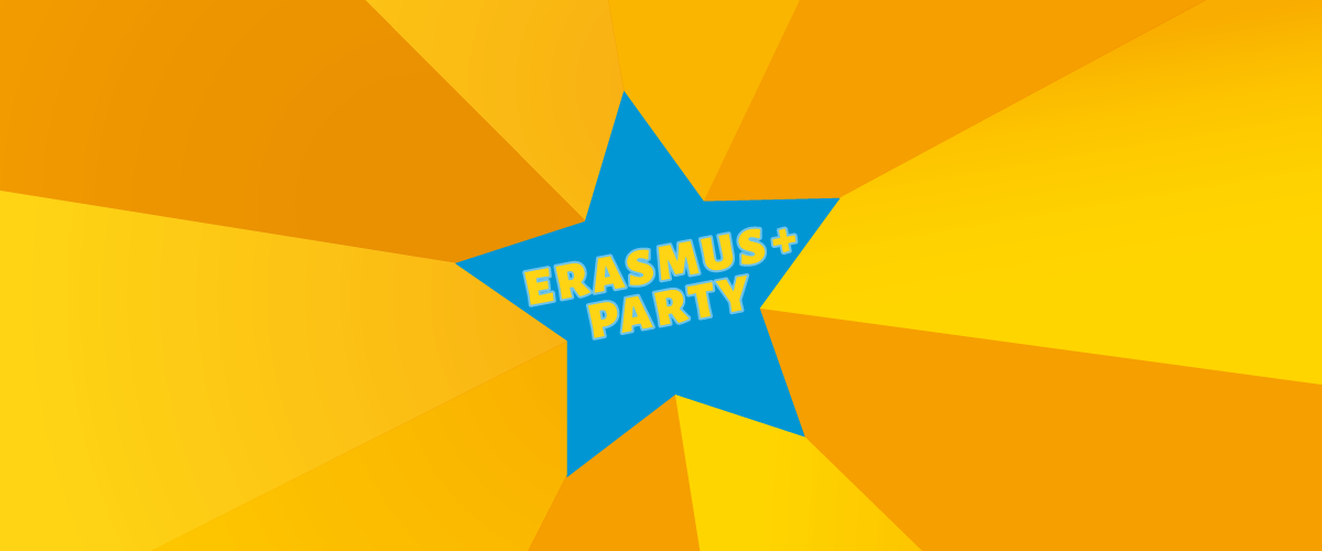 Texte Erasmus + Party dans une étoile bleue sur fond jaune en perspective