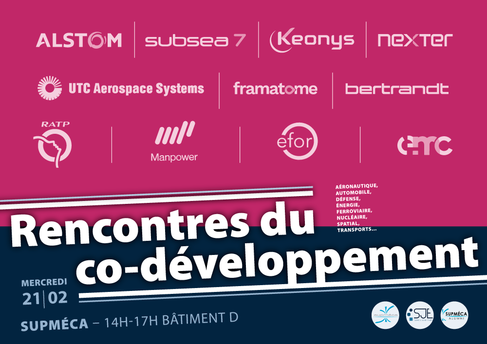 Affiches des Rencontres du co-développement à Supméca, assemble de logos d'entreprises d'ingénierie