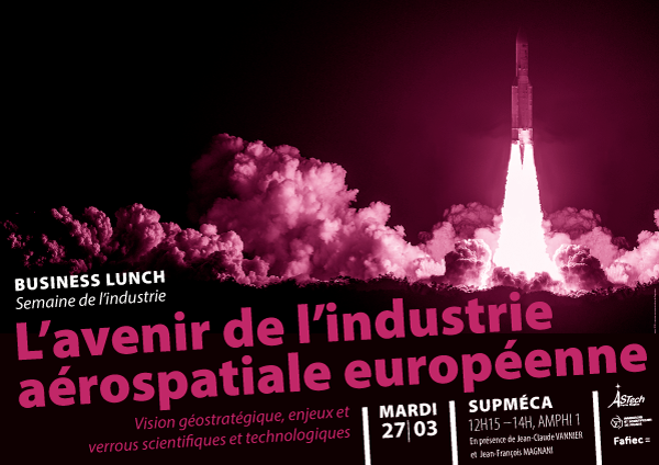 Affiche illustrant L'avenir de l'industrie aérospatiale européenne : une fusée Arianne en bichromie prune et noir décole dans d'énorme nuages de fumée