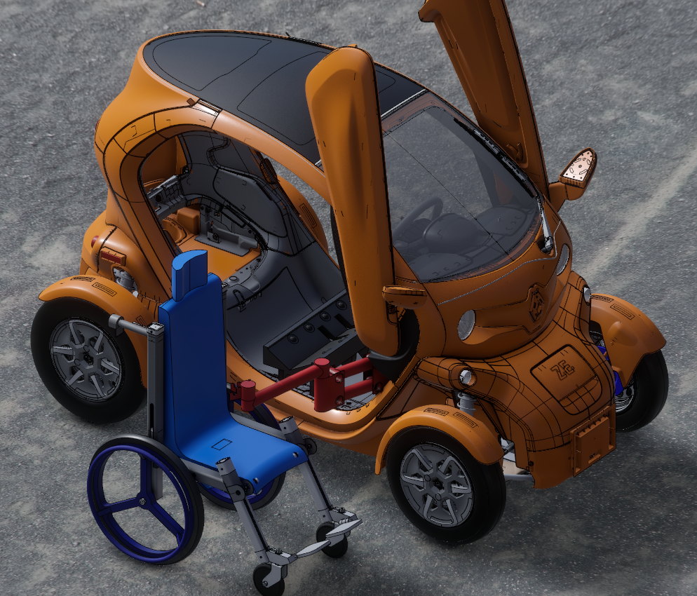 Une voiture électrique monoplace adaptée pour embarquer un pilote en fauteuil roulant