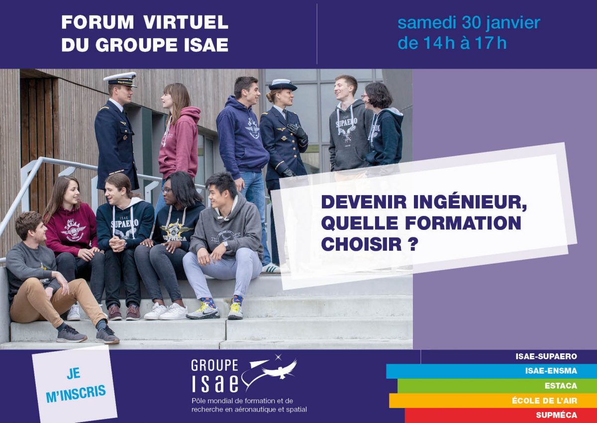 Visuel du Forum virtuel du Groupe ISAE : des étudiants identifiables comme appartenant aux écoles du groupe sont installé dans les marches d'un escalier et discutent ensemble