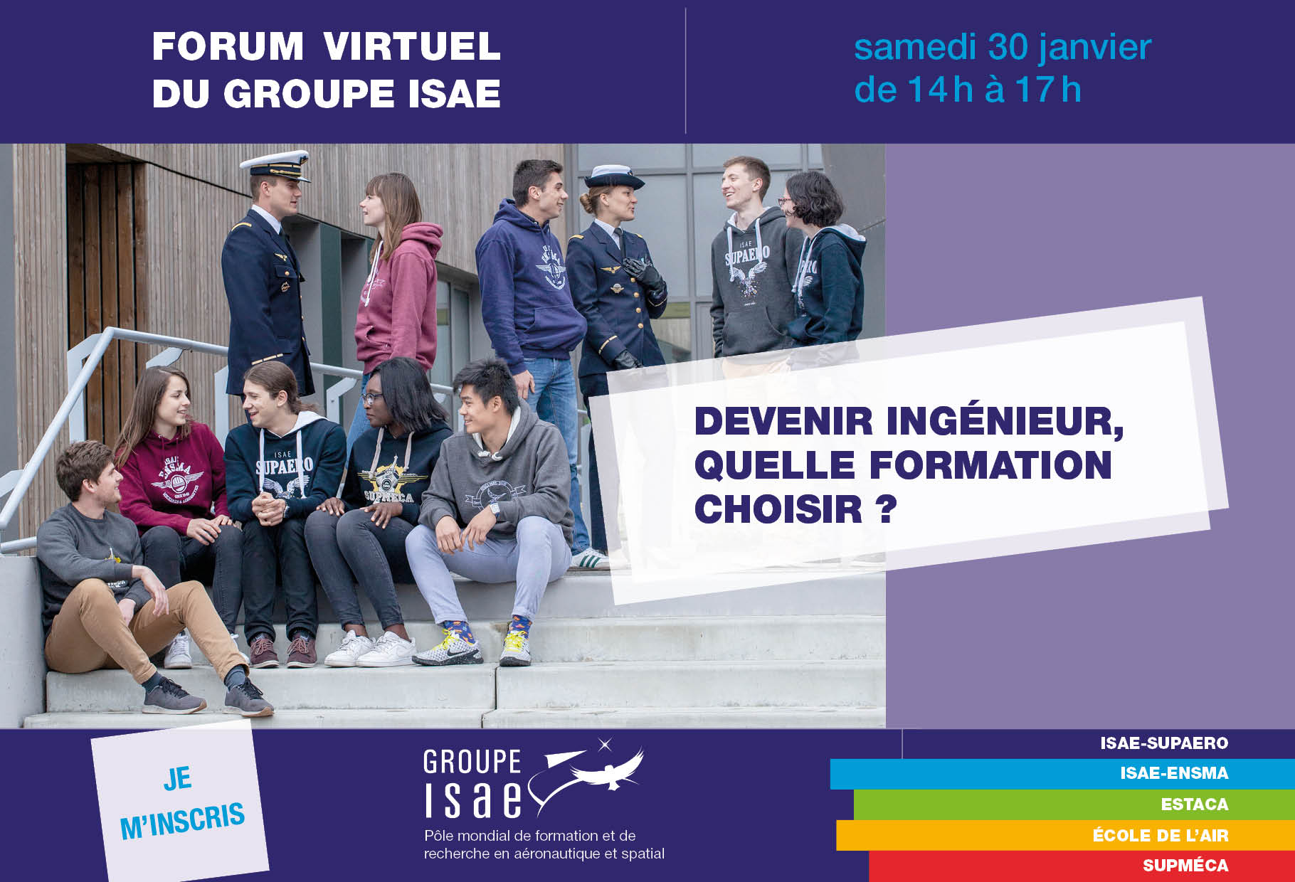 Visuel du Forum virtuel du Groupe ISAE : des étudiants identifiables comme appartenant aux écoles du groupe sont installé dans les marches d'un escalier et discutent ensemble