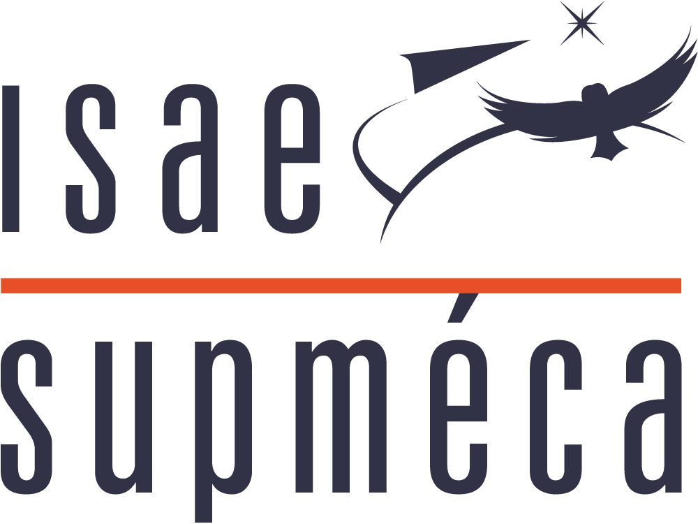 Logo ISAE-Supméca noir avec une ligne orange et un symbole composé d'une ligne courbe d'horizon, d'un avion, d'une chouette et d'une étoile