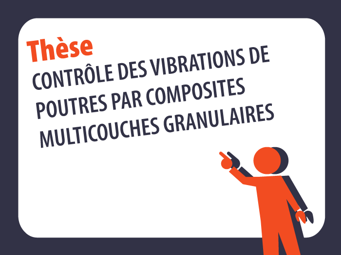 Sur un écran de projection un individu montre du doigt le nom d'une thèse : Contrôle des vibrations de poutres par composites multicouches granulaires