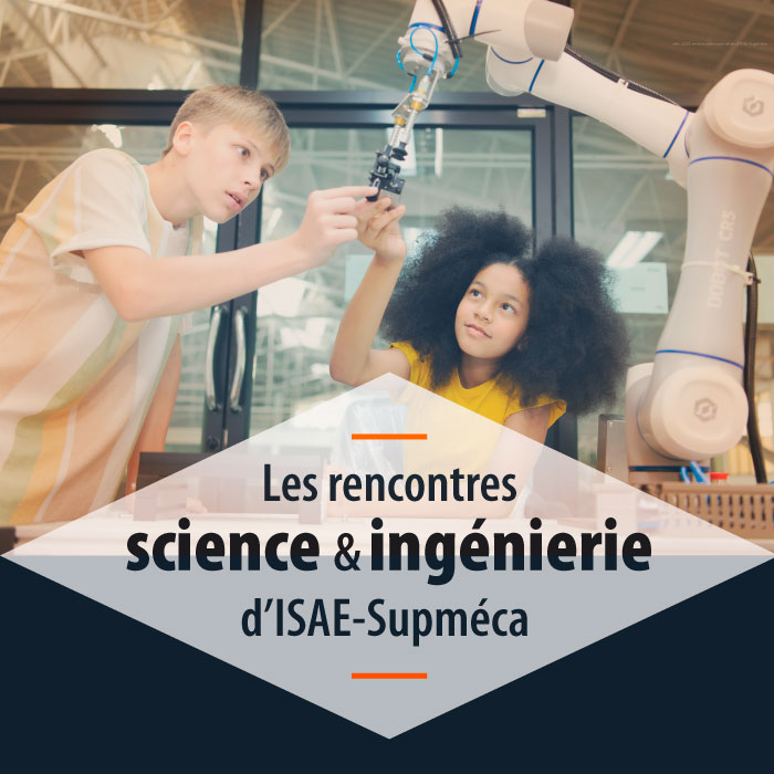 Deux enfants touchent un bras robot par curiosité avec un grand titre : Les Rencontres Science et Ingénierie d’ISAE‑Supméca