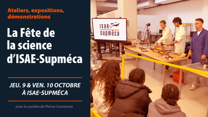 La fête de la science d'ISAE-Supméca, jeudi 9 et vendredi 10 octobre 2025. Photo : des étudiants en blouse font une démonstration scientifique devant un public d'enfants