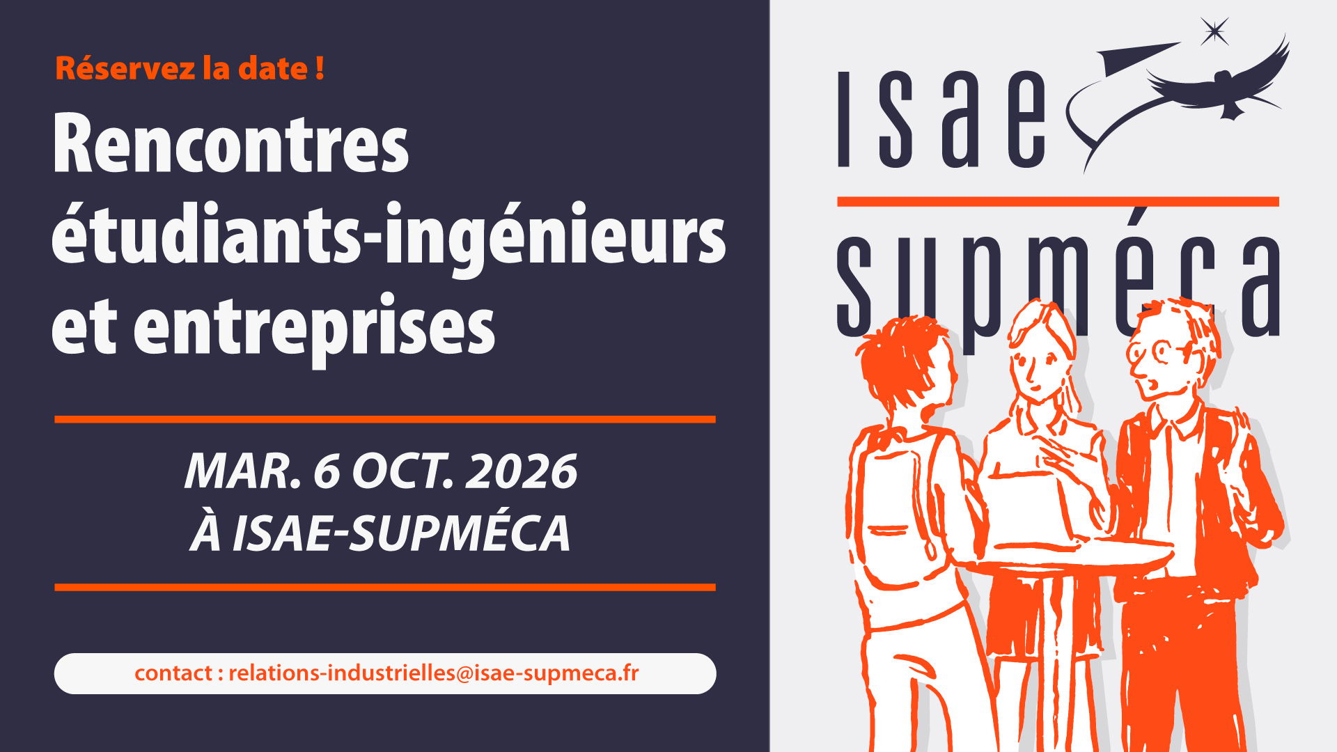 Rencontres étudiants-ingénieurs et entreprises mardi 6 octobre 2062 à ISAE-Supméca, dessin d'un étudiant qui discute avec deux représentants homme et femme d'une entreprise, logo ISAE-Supméca en arrière plan